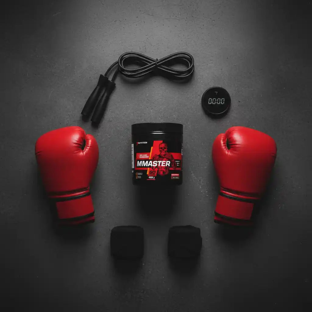 Rote Boxhandschuhe, Springseil und MMaster Sportnahrung für Fitness und Kampfsport
