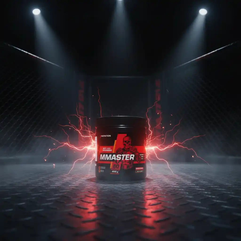 MMaster Pre-Workout mit roten Blitzen im Kampfring, ideal für Fitness und Sportler