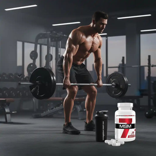 Muskulöser Mann beim Gewichtheben im Fitnessstudio mit MSM-Kapseln und Shaker für Sportnahrung