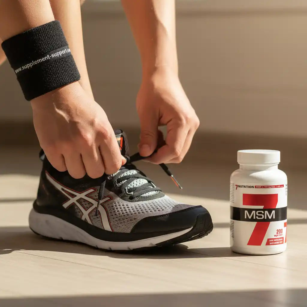 Sportler bindet Laufschuhe, neben MSM Nahrungsergänzung für Fitness & Training
