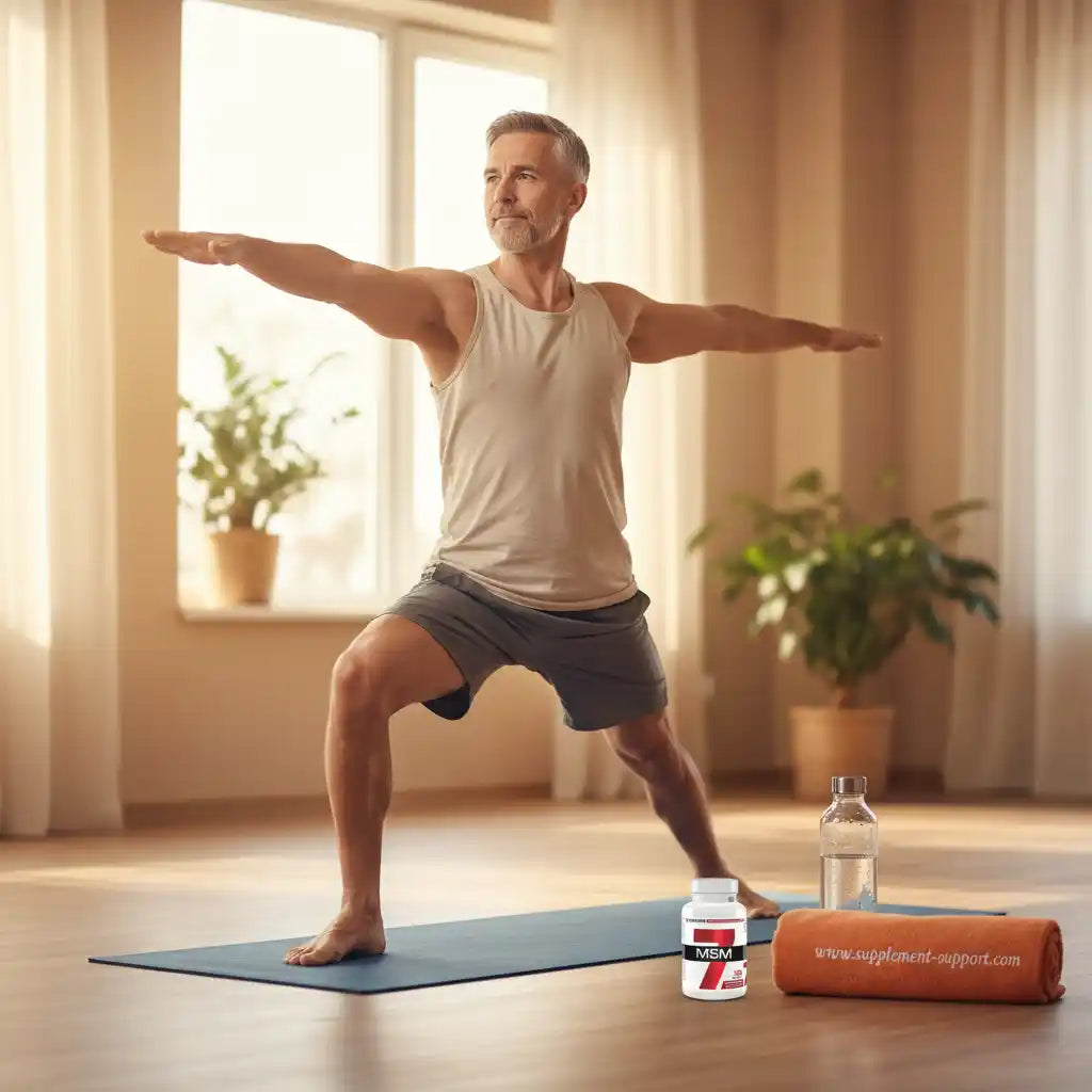 Mann beim Yoga mit MSM Nahrungsergänzung, Wasser und Handtuch für Fitness & Gesundheit