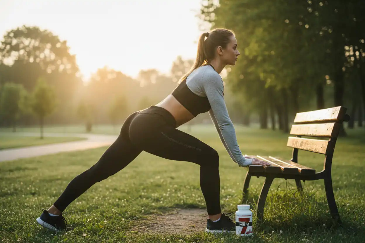Frau beim Dehnen im Park mit Nahrungsergänzungsmittel für Sportler