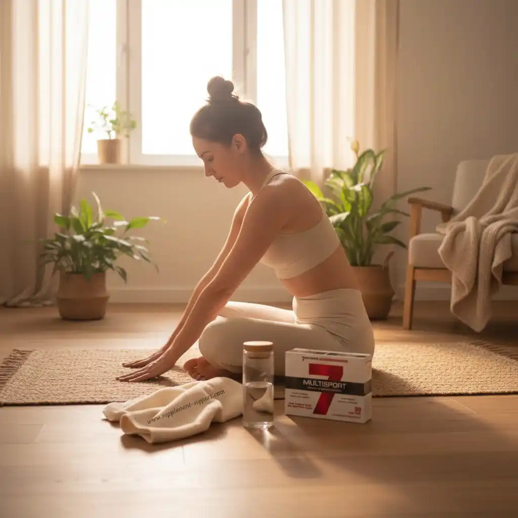 Frau beim Dehnen zu Hause mit Multisport Nahrungsergänzung, Wasser und Handtuch für Fitness & Sport