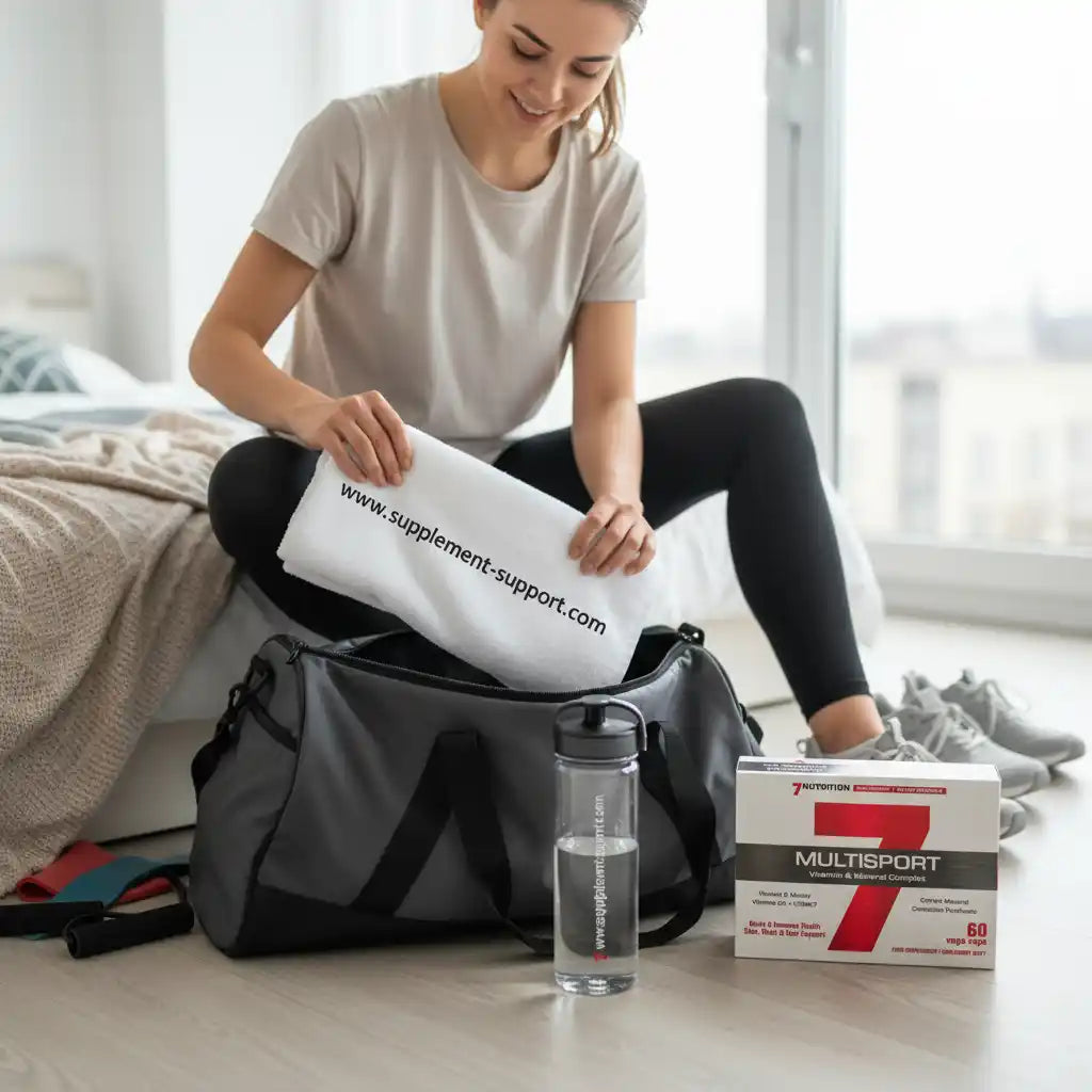 Frau packt Sporttasche mit Multisport-Vitaminkomplex, Trinkflasche und Handtuch für Fitness & Training