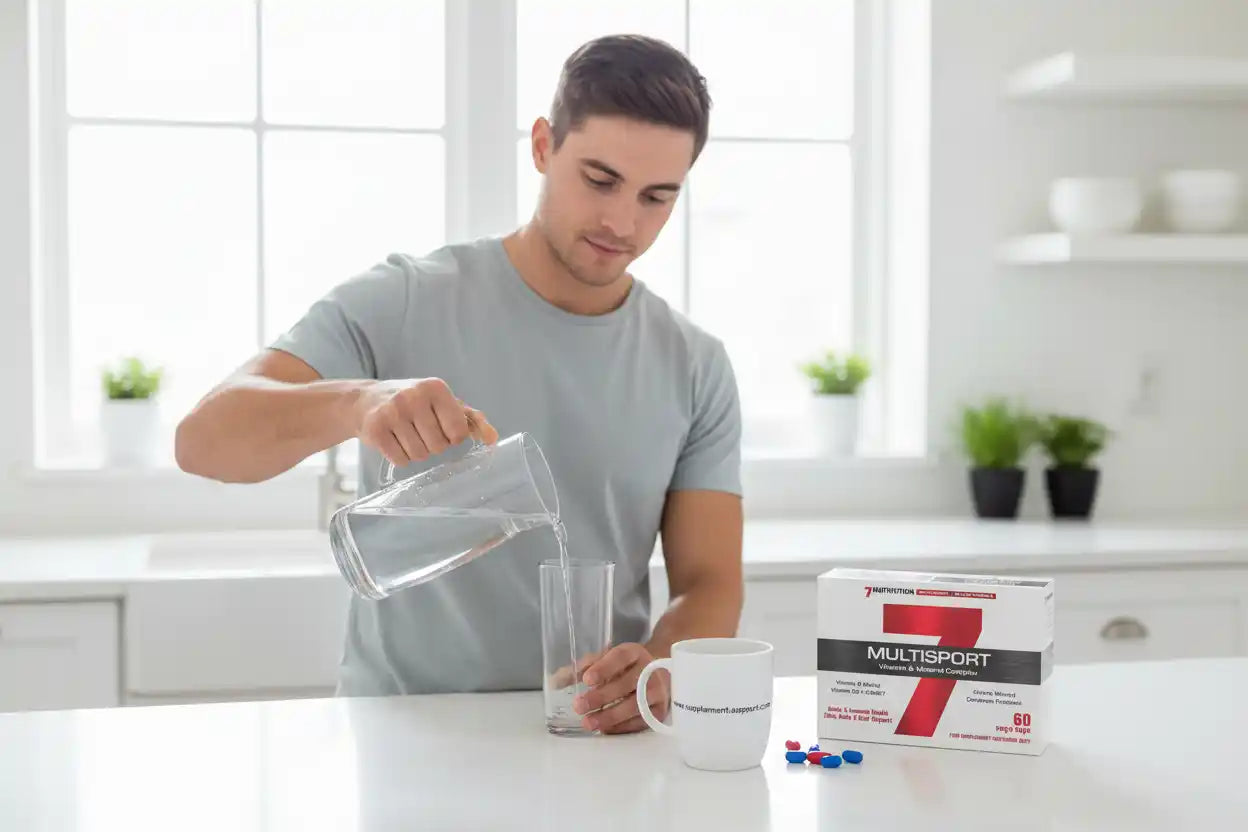 Mann gießt Wasser in Glas neben Multisport-Vitaminbox und Tabletten für Sportler