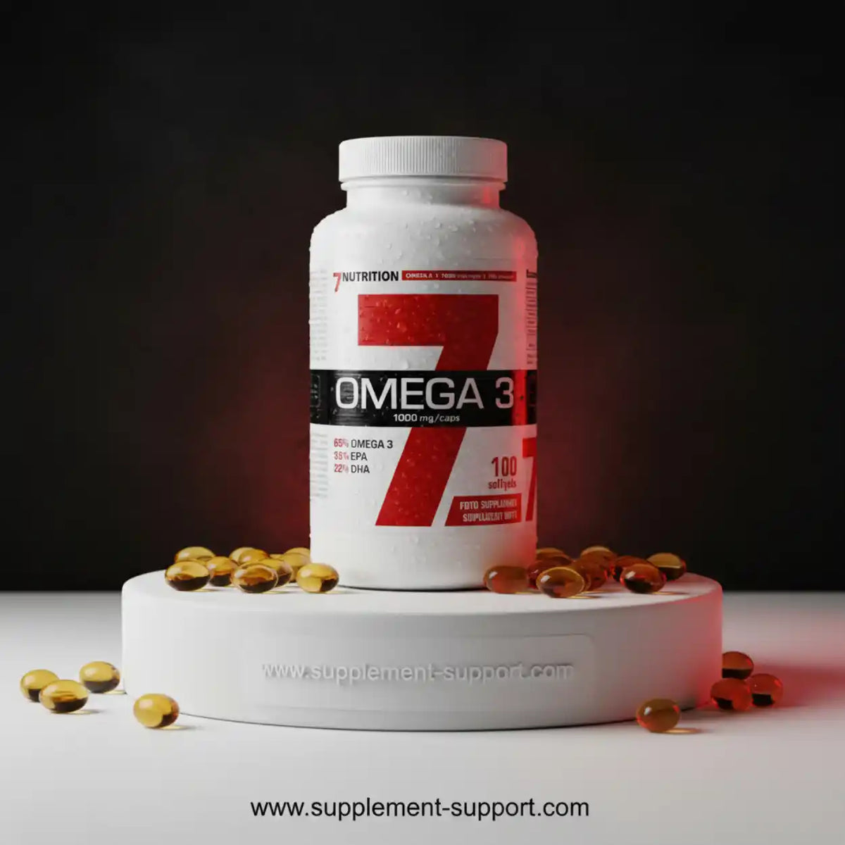 Weiße Dose Omega-3 Nahrungsergänzung mit 100 Weichkapseln auf weißem Podest.