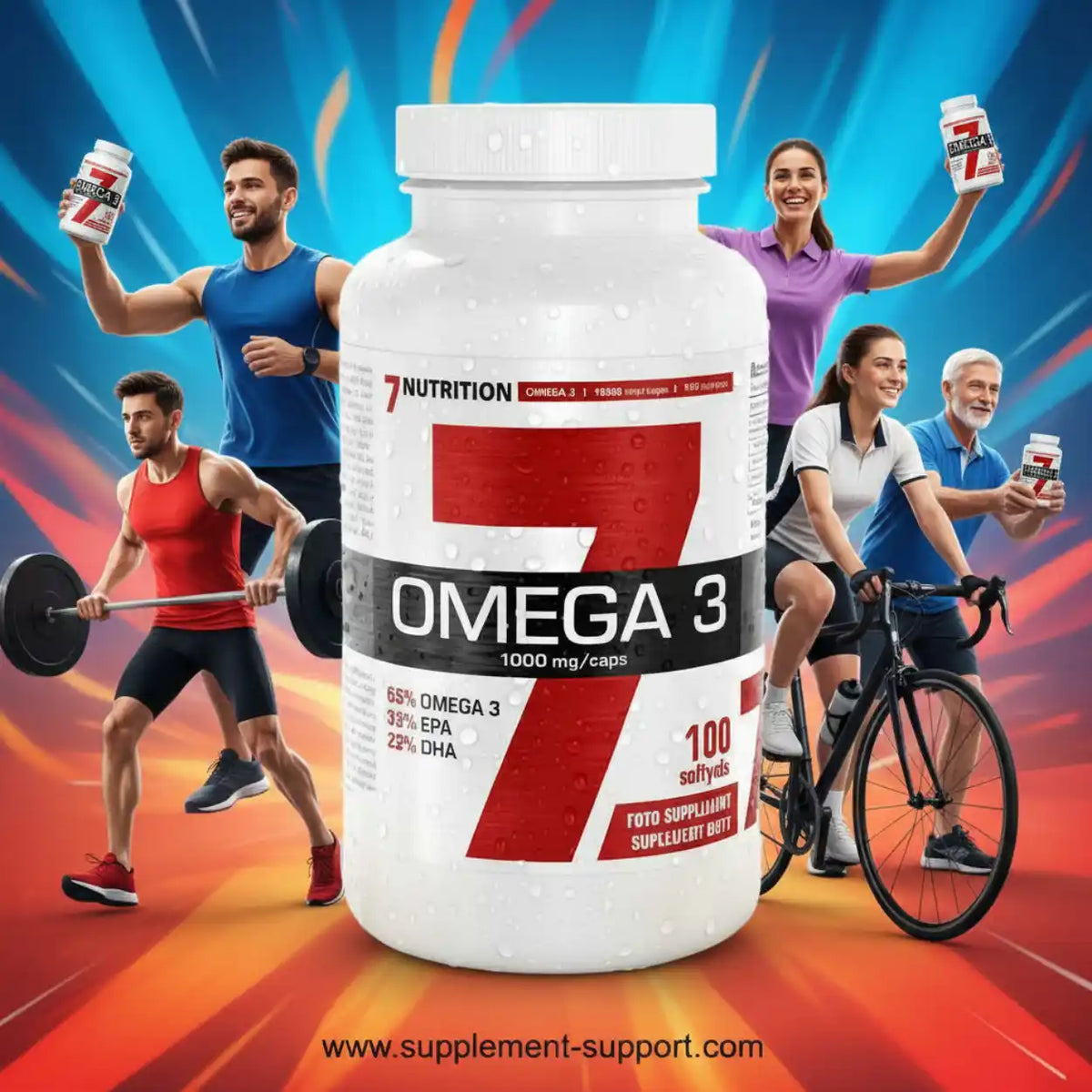 7 Nutrition Omega 3 Nahrungsergänzungsmittel mit Sportlern im Hintergrund