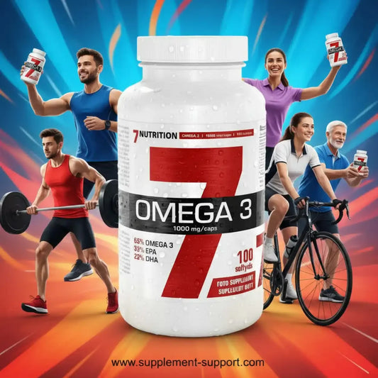 7 Nutrition Omega 3 Nahrungsergänzungsmittel mit Sportlern im Hintergrund