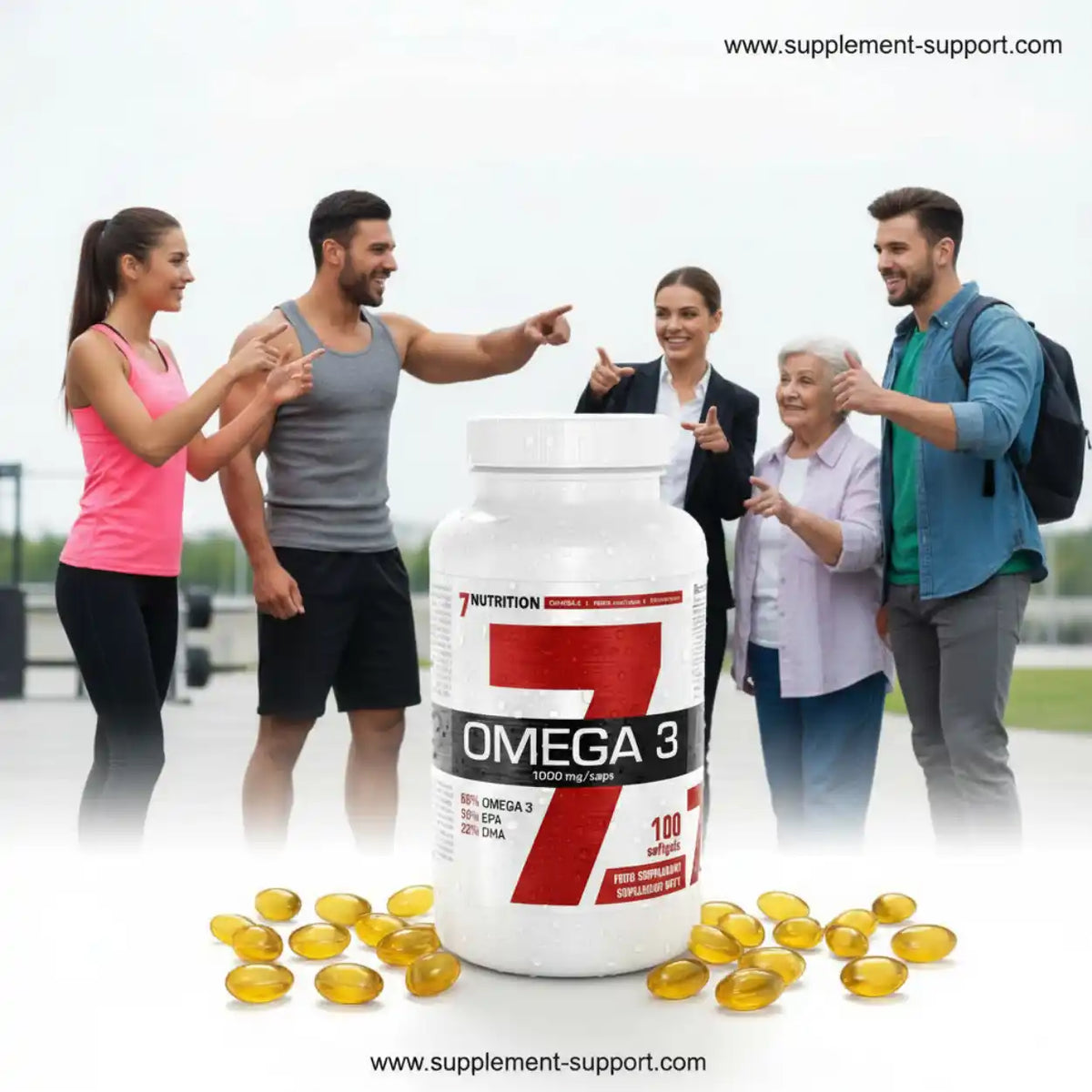 Omega 3 Nahrungsergänzung Kapseln mit einer Gruppe aktiver Menschen im Hintergrund.