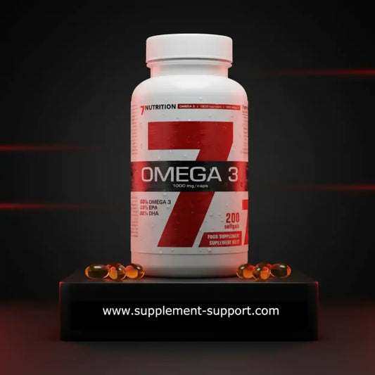 Weiße Dose Omega-3 Nahrungsergänzung mit Softgel-Kapseln auf schwarzem Podest