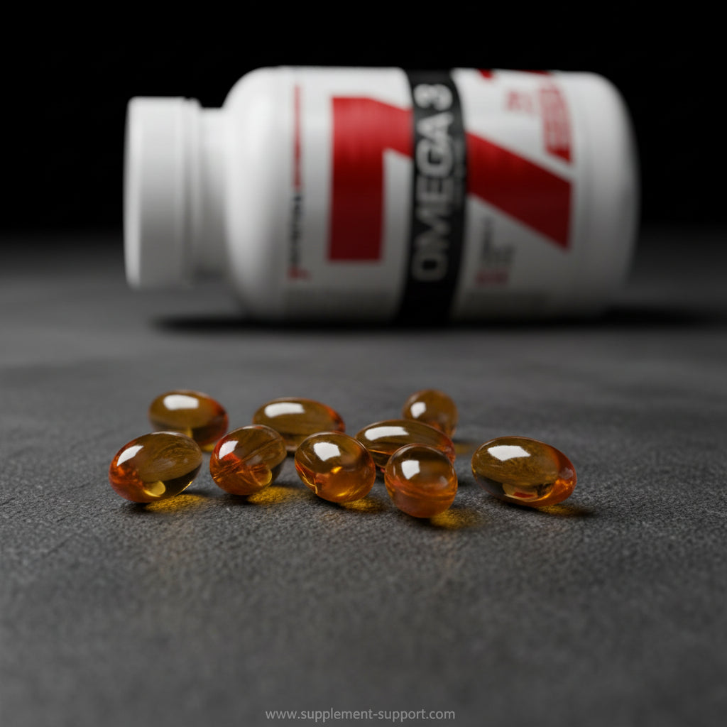 Omega-3-Kapseln vor Flasche – Nahrungsergänzung für Sportler und Fitness