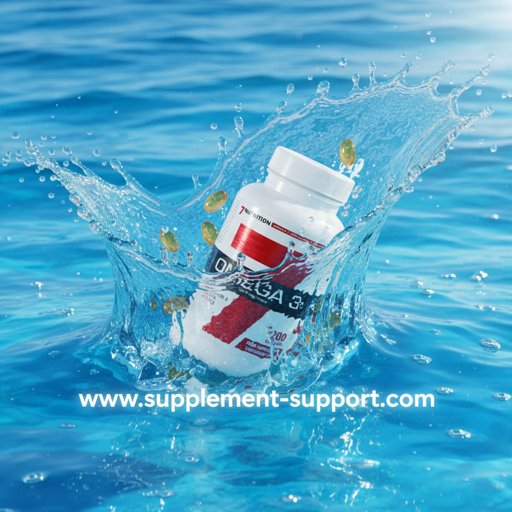Omega-3-Kapseln von 7Nutrition im Wasser mit Spritzern – Nahrungsergänzung für Sportler