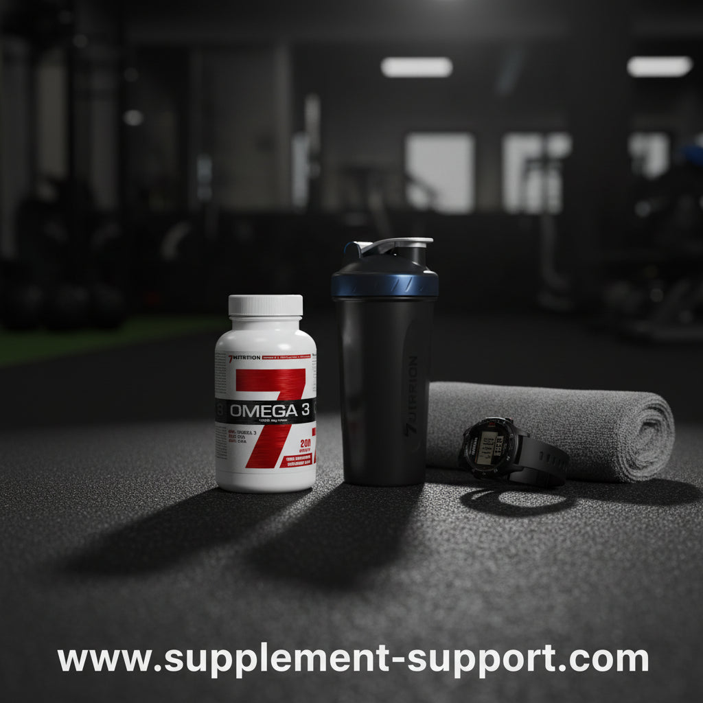 Omega-3-Kapseln, Shaker und Fitnessuhr im Gym – Nahrungsergänzung für Sportler