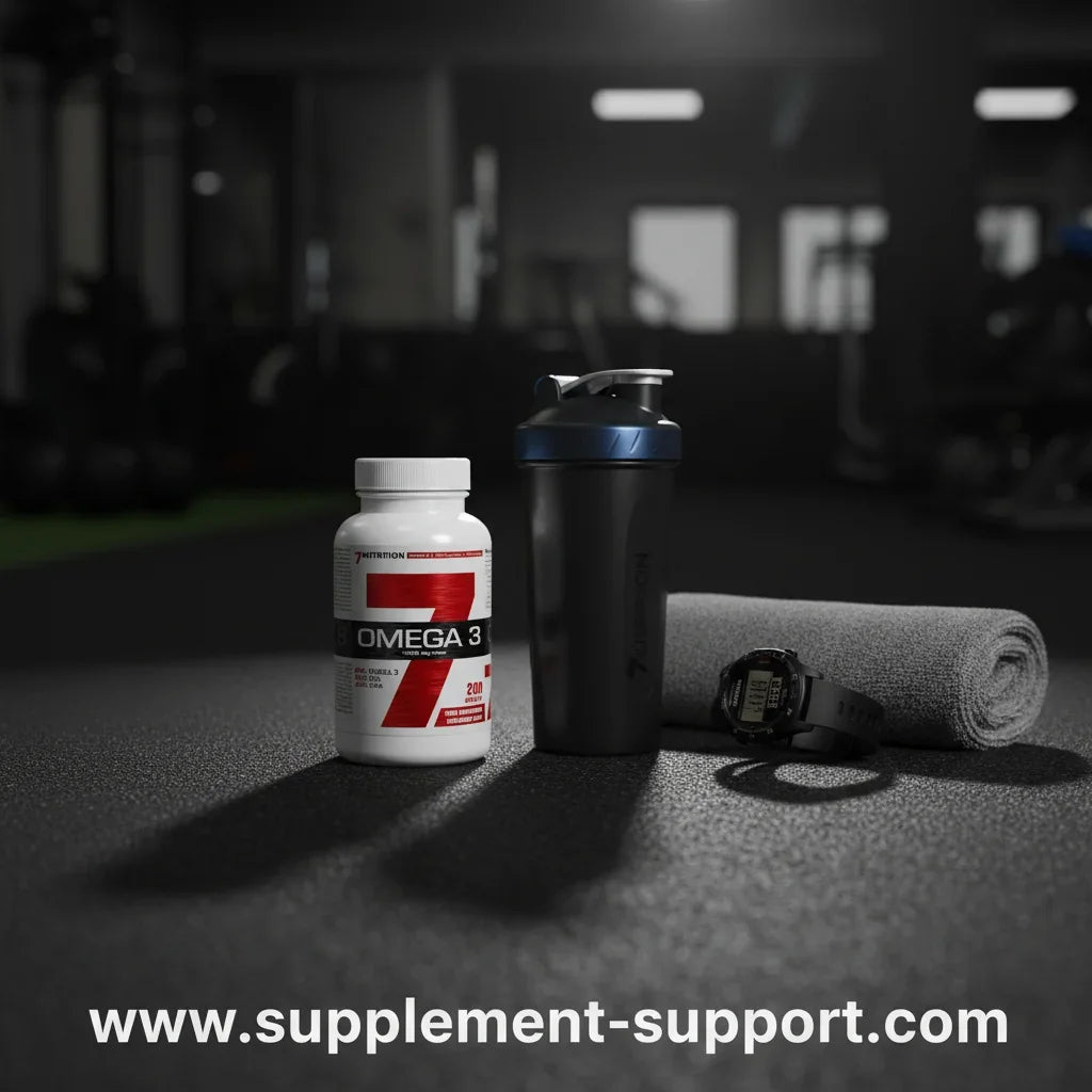 Omega-3-Kapseln, Shaker und Fitnessuhr im Gym – Nahrungsergänzung für Sportler