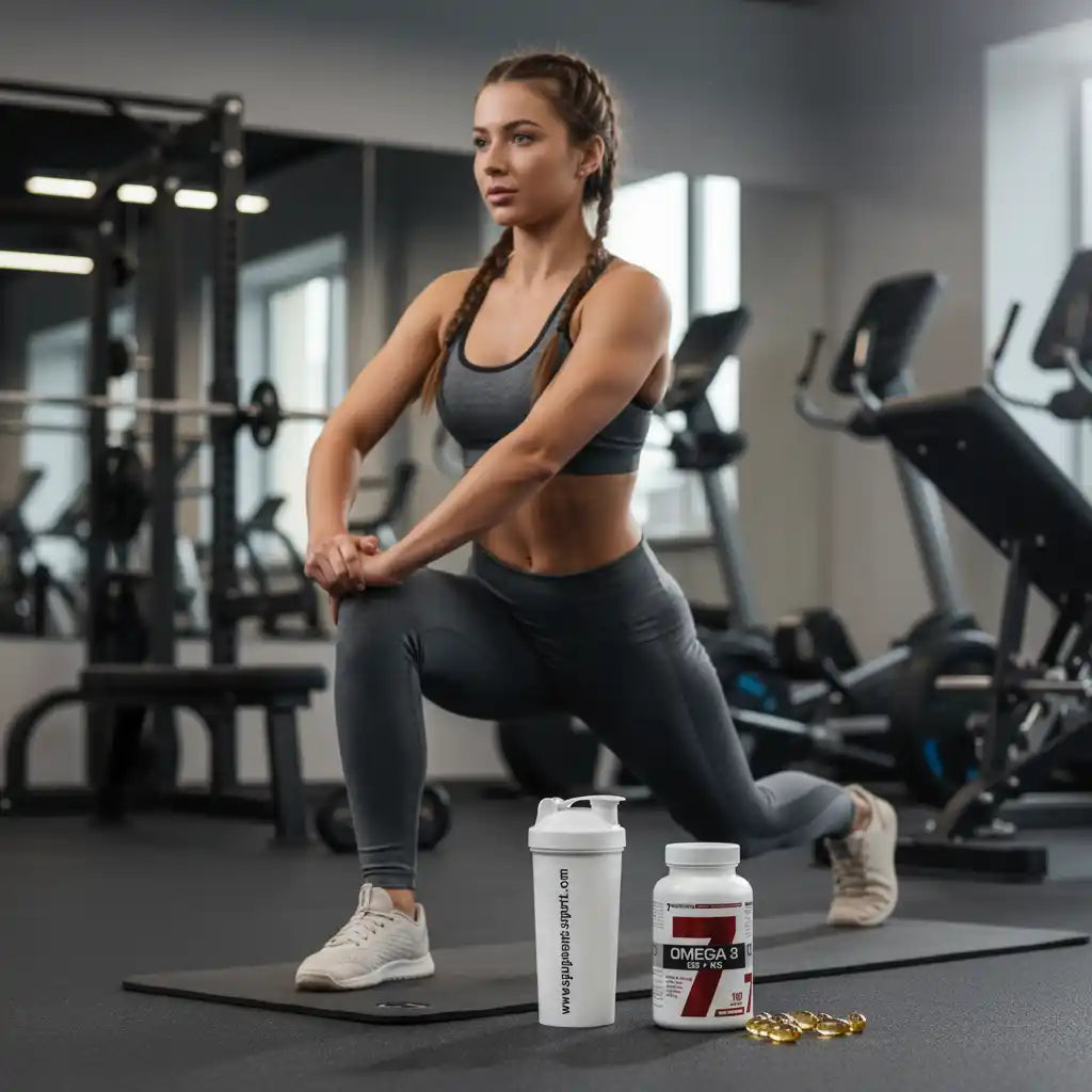 Frau im Fitnessstudio mit Omega-3-Kapseln und Shaker – Sportnahrung für Fitness & Training