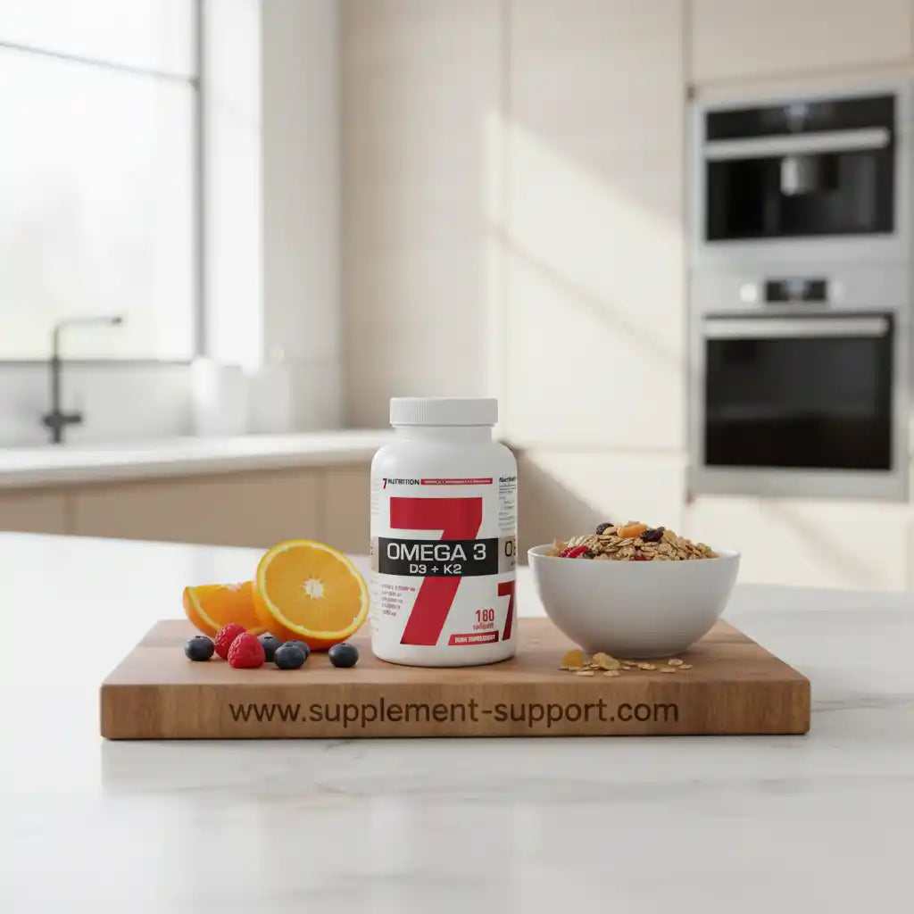 Omega-3 D3+K2 Nahrungsergänzungsmittel mit Beeren, Orange und Müsli auf Holzbrett in moderner Küche