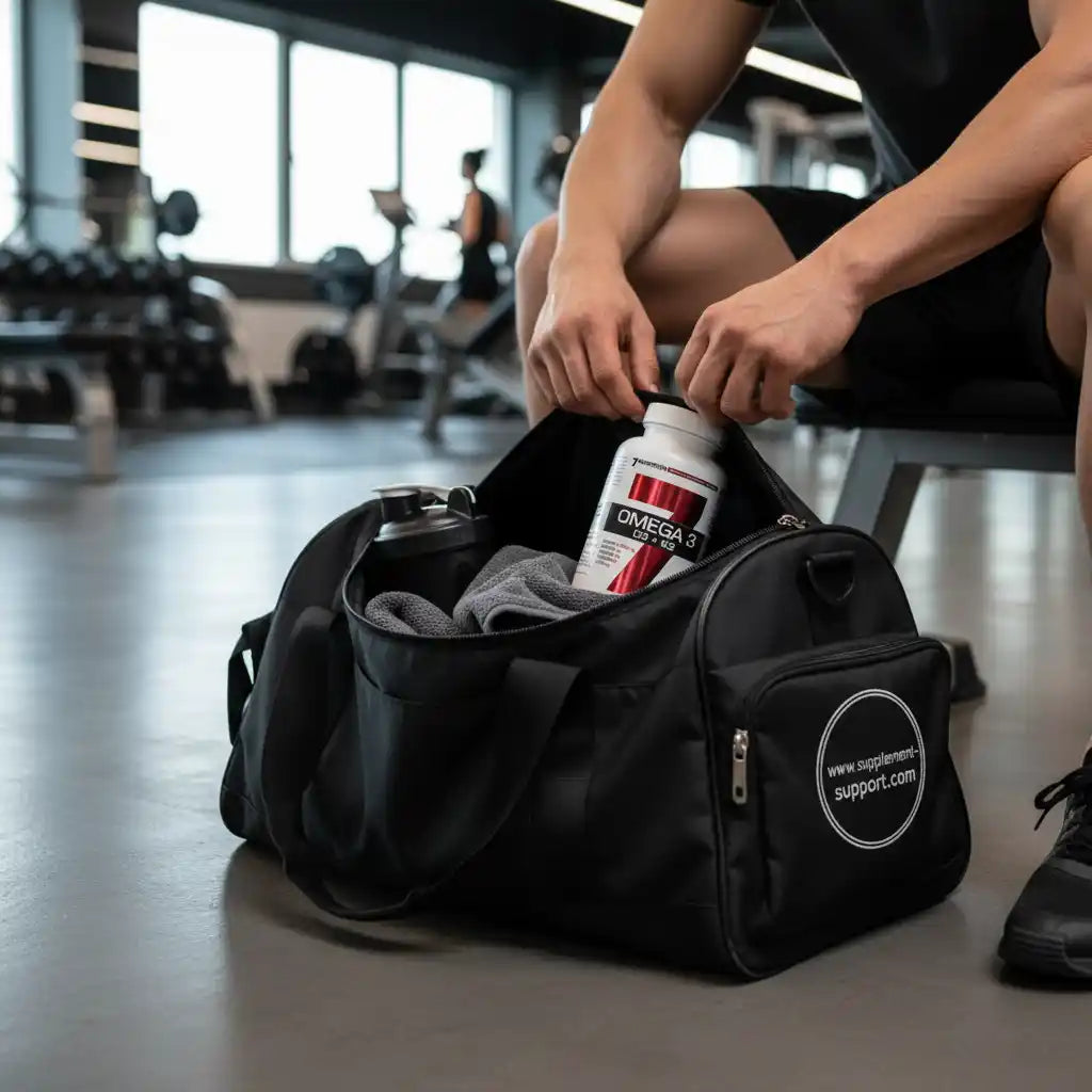 Omega-3-Flasche in Sporttasche im Fitnessstudio, ideal für Sportler und Fitnessbegeisterte