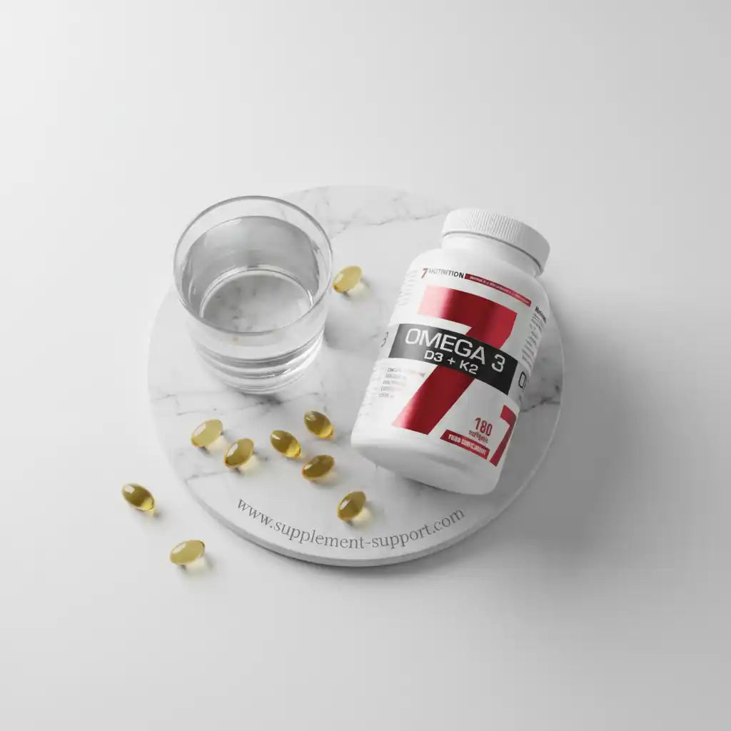 Omega-3-Kapseln mit D3 + K2, Nahrungsergänzung für Sportler, Glas Wasser daneben auf Marmor