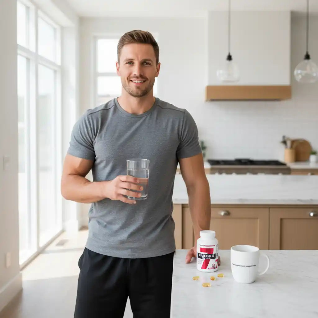 Muskulöser Mann mit Omega-3-Kapseln und Wasser in moderner Küche, ideal für Sportler und Fitness