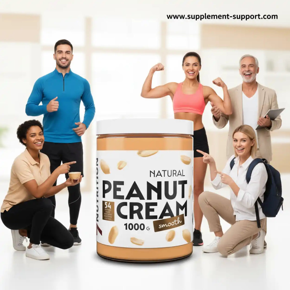 Ein 1000g Glas Natural Peanut Cream, umgeben von sportlichen und fitten Menschen.