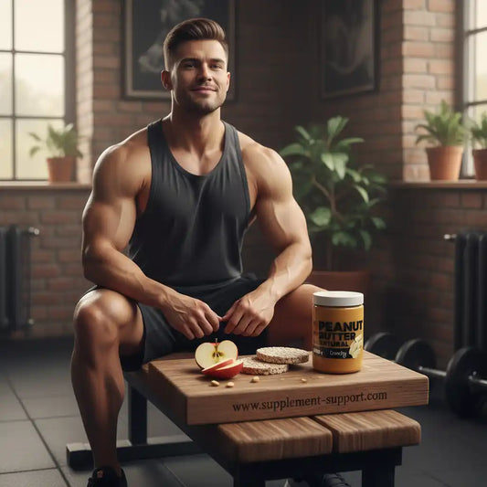 Muskulöser Mann mit Erdnussbutter, Apfel und Müsliriegel – ideal für Sportler & Fitness