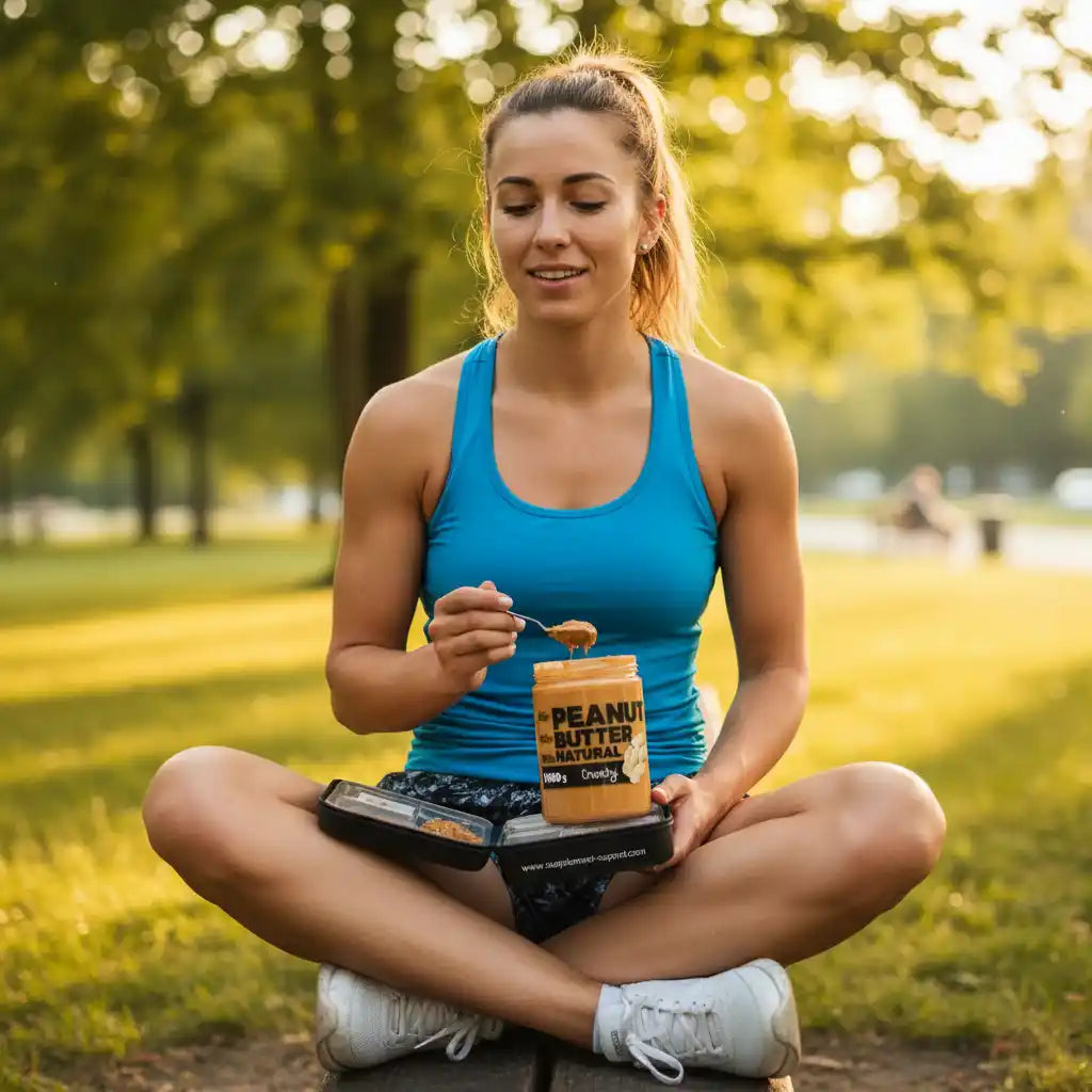 Sportliche Frau isst natürliche Erdnussbutter im Park – ideal für Fitness & Sportnahrung