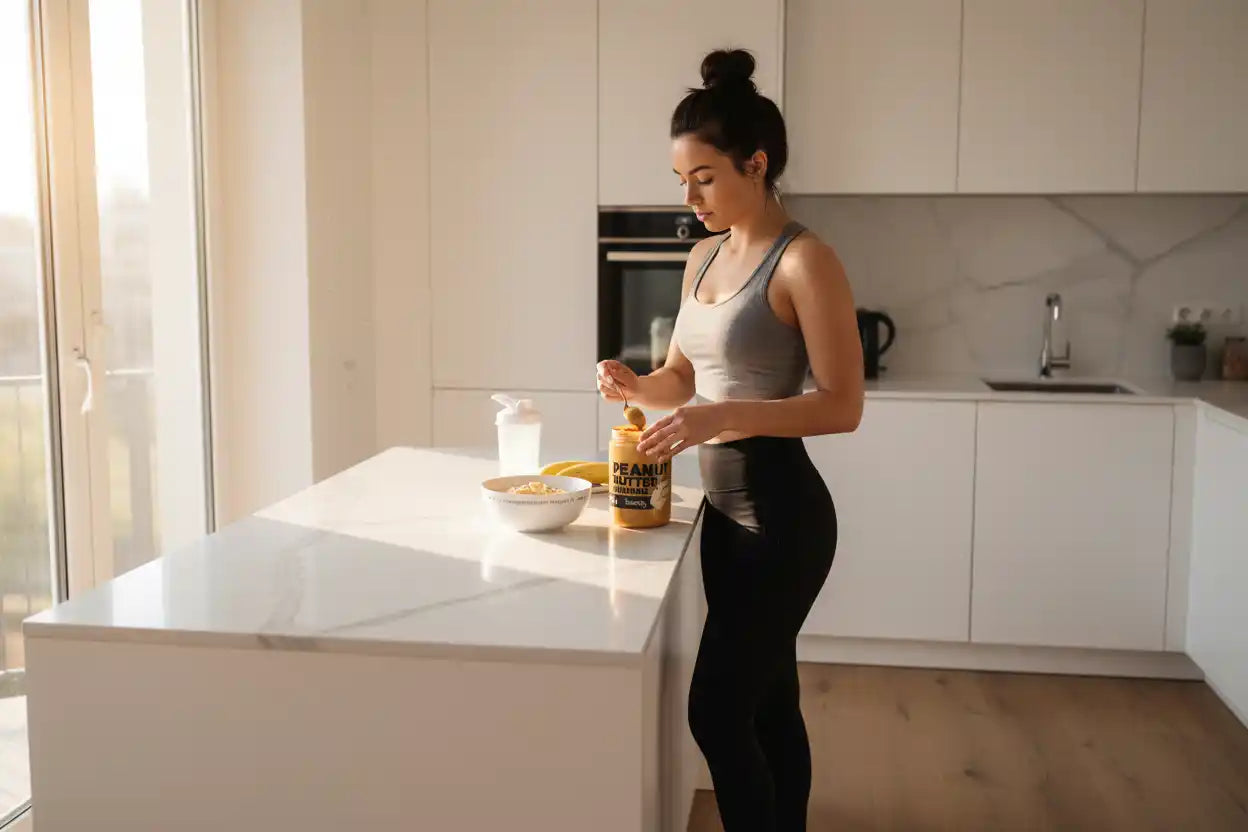 Frau in Sportkleidung bereitet Protein-Peanut-Butter-Frühstück in moderner Küche zu
