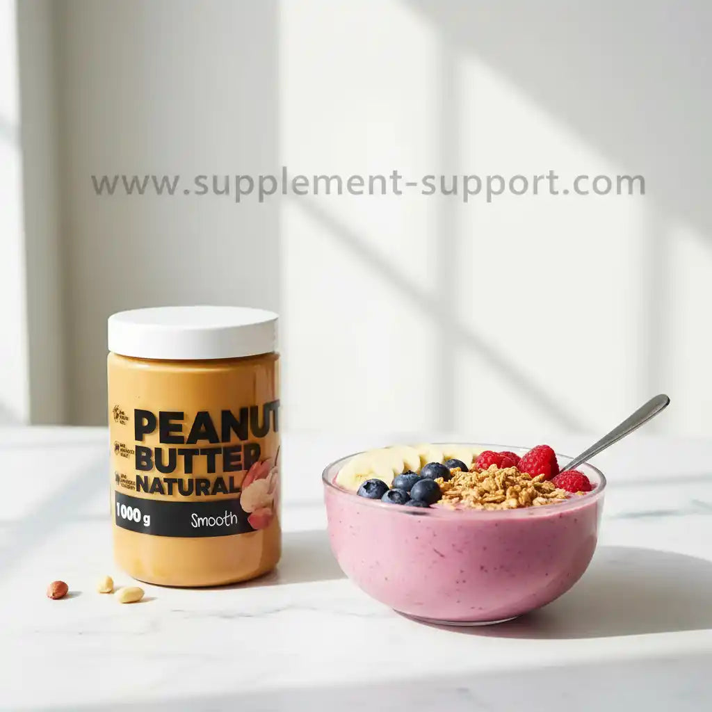Natürliche Erdnussbutter 1000g neben Beeren-Smoothie mit Granola für Sportler und Fitness