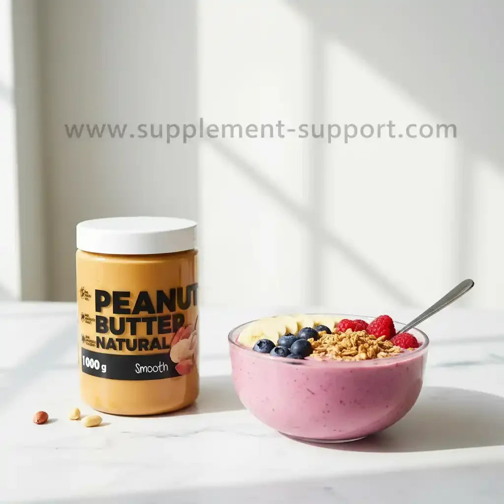 Natürliche Erdnussbutter 1000g neben Beeren-Smoothie mit Granola für Sportler und Fitness