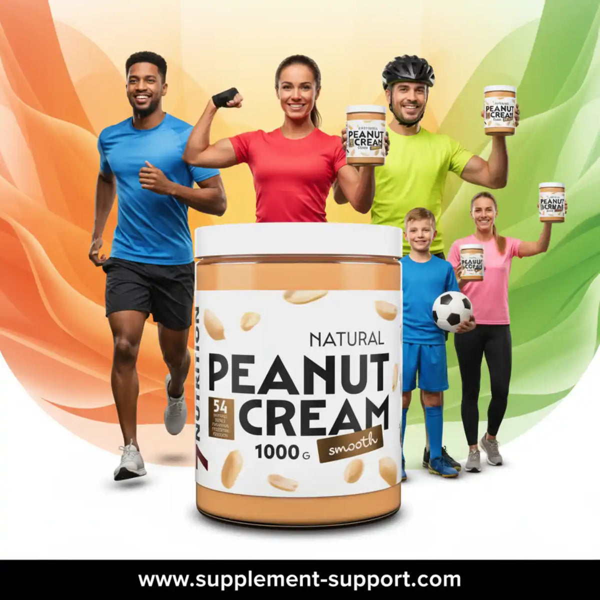 Sportliche Menschen mit einer Dose natürliche Erdnusscreme für Fitness und Sport.