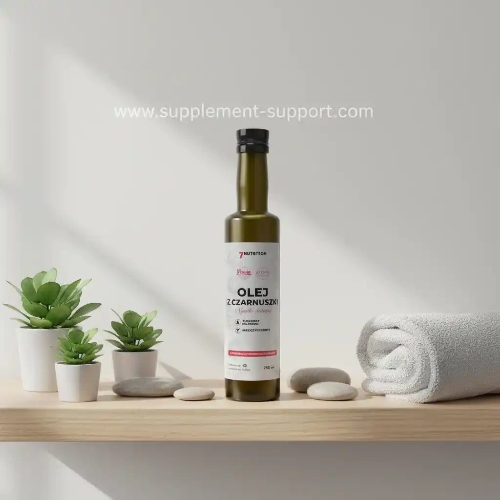 Olivenöl mit Schwarzkümmel für Fitness und Gesundheit, präsentiert mit Pflanzen und Handtuch