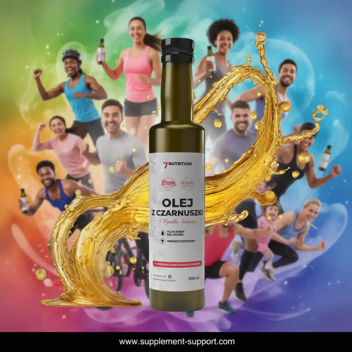 7Nutrition Schwarzkümmelöl Flasche mit dynamischen Sportlern und goldener Öl-Welle auf buntem Hintergrund