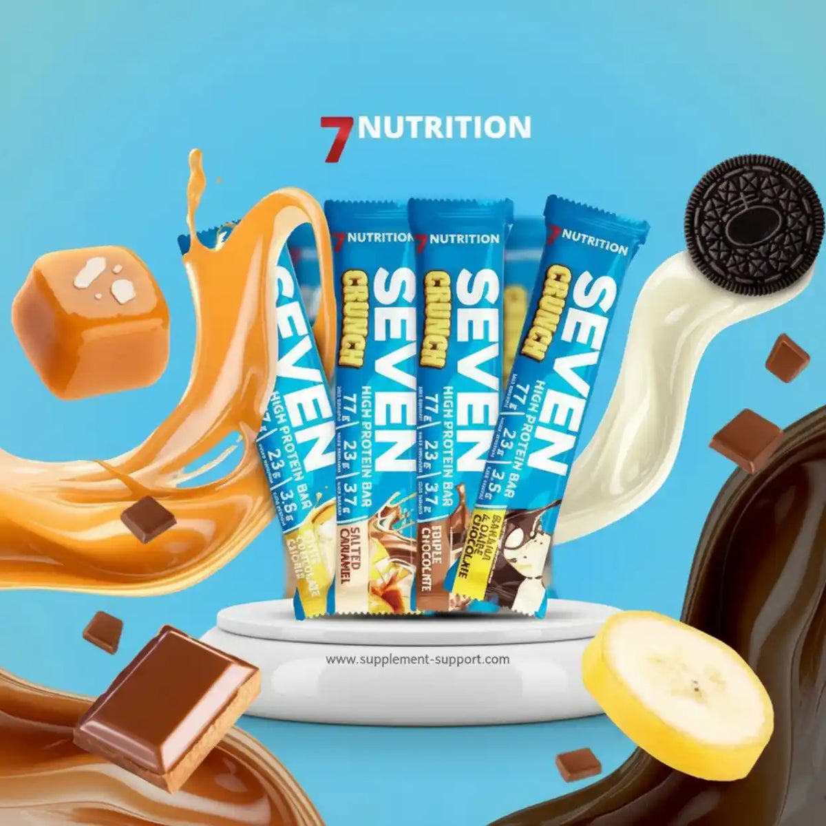 Seven Crunch High Protein Riegel in verschiedenen Geschmacksrichtungen mit Karamell und Banane