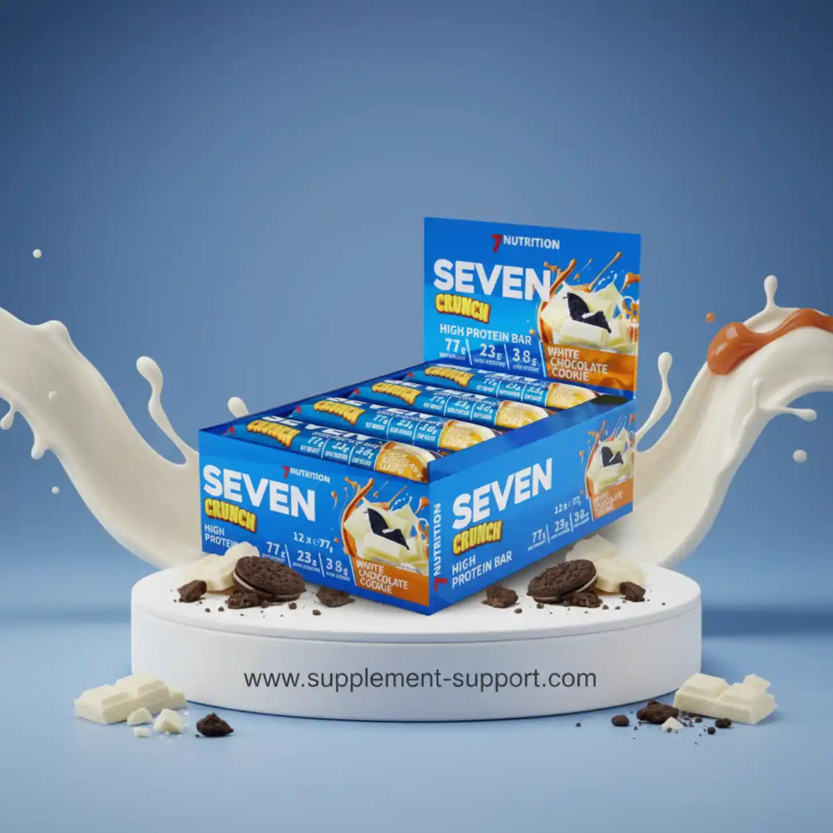 Seven Crunch High Protein Bar White Chocolate Cookie Geschmack in einer Box.