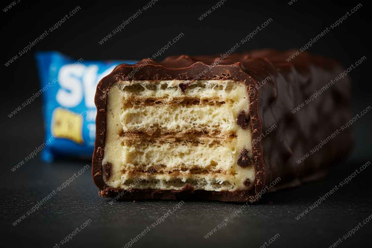Schokoladenüberzogene Proteinriegel mit Schichten und Schokostückchen, ideal für Sportler