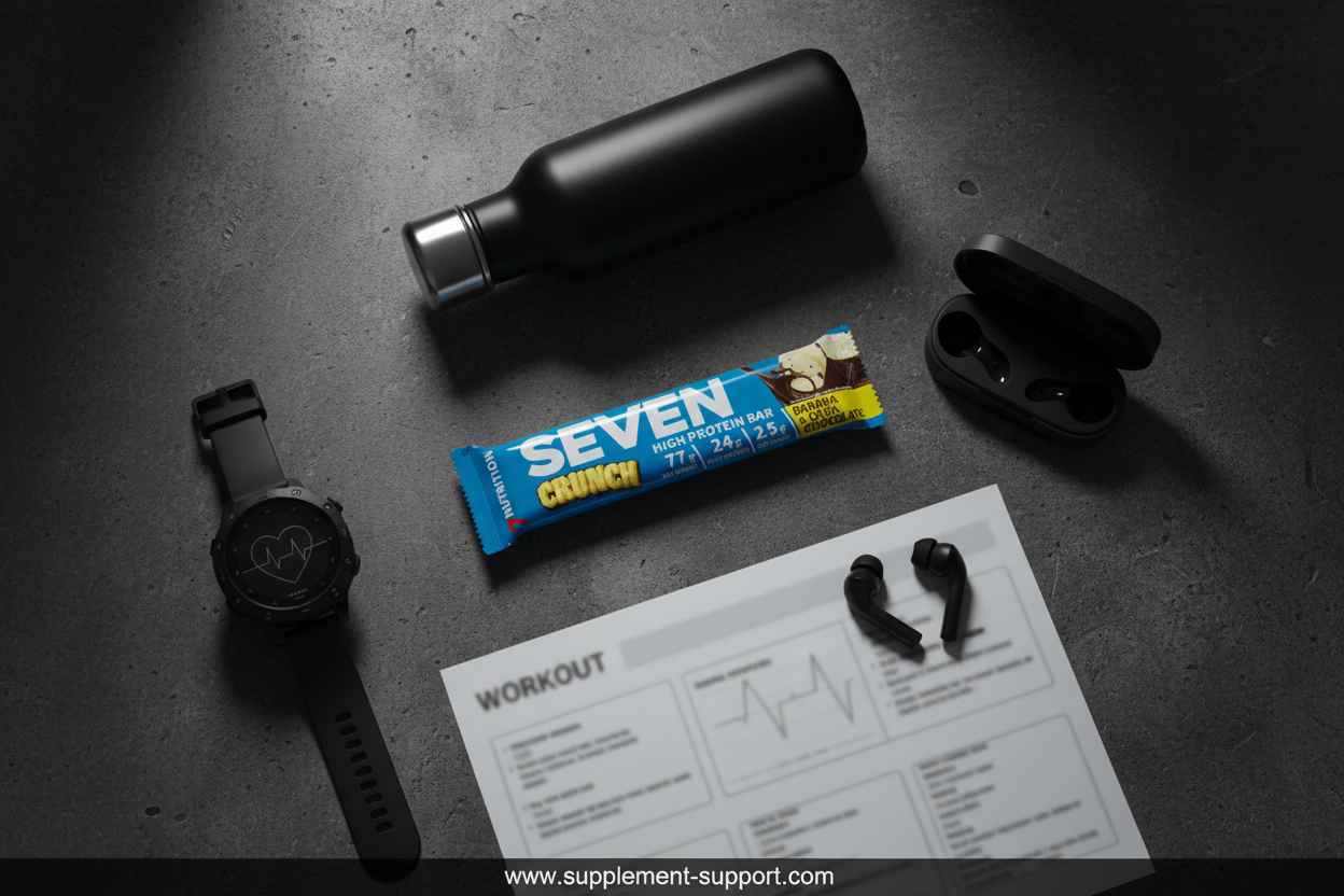 Proteinriegel, Smartwatch, Wasserflasche und Trainingsplan für Fitness und Sport