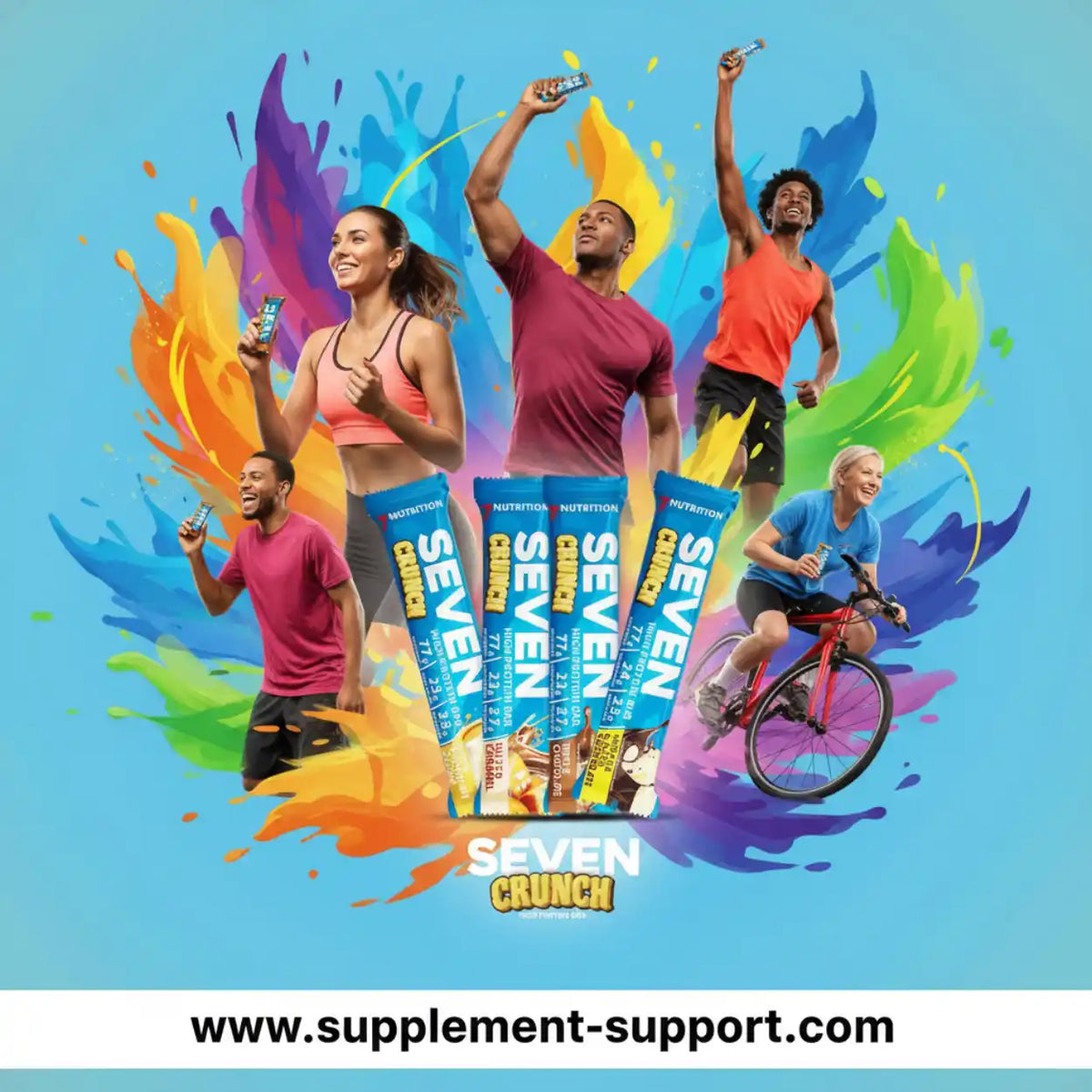 Sportliche Menschen mit Seven Crunch Protein Riegeln vor farbenfrohem Hintergrund.