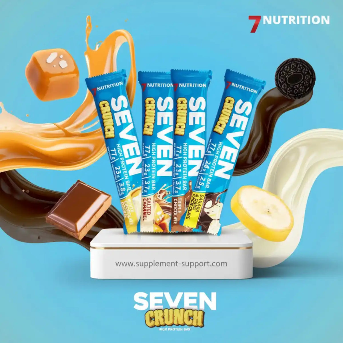 Seven Crunch High Protein Riegel mit Karamell, Schokolade und Banane.