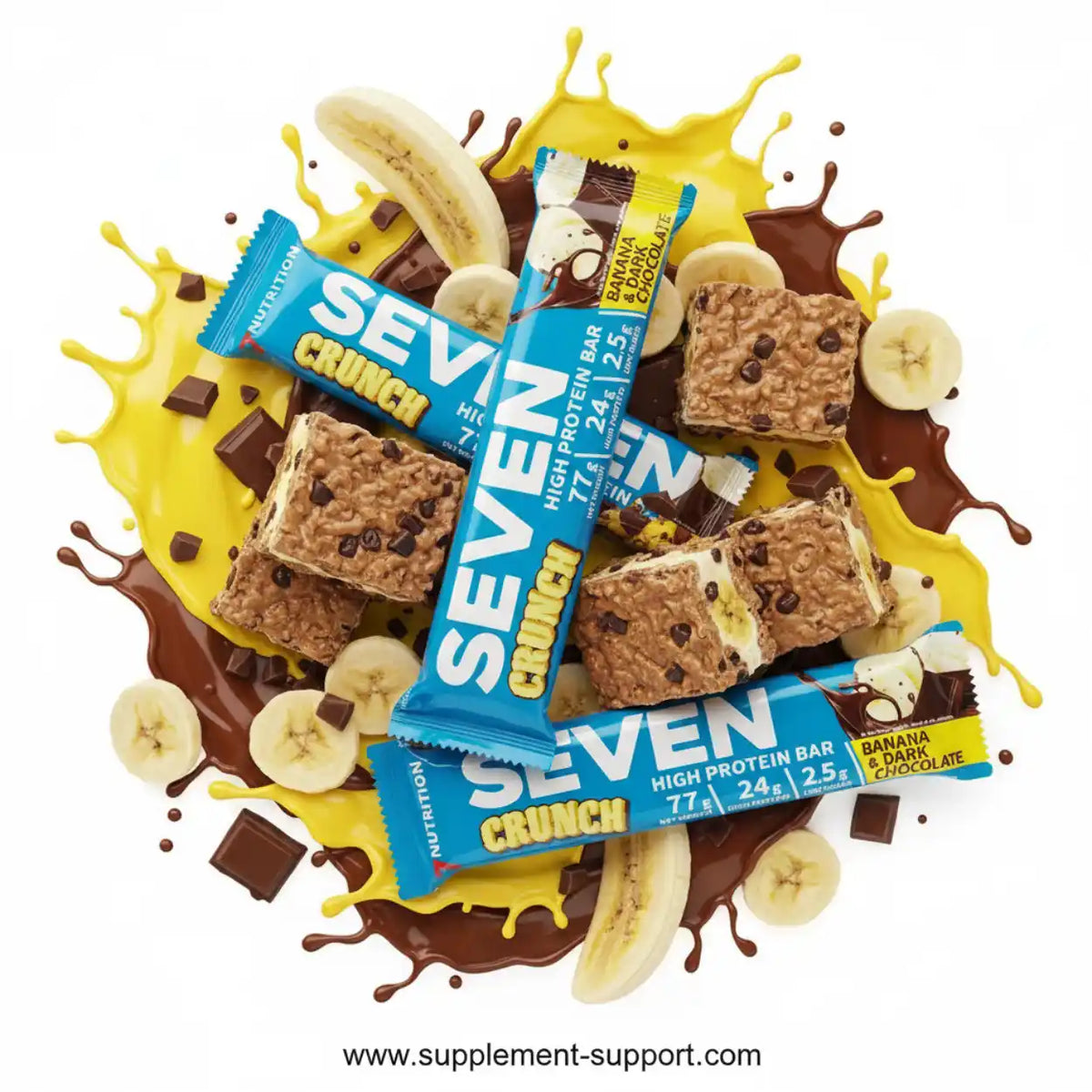Seven Crunch High Protein Bar mit Banane und dunkler Schokolade in Schokoladen-Splash