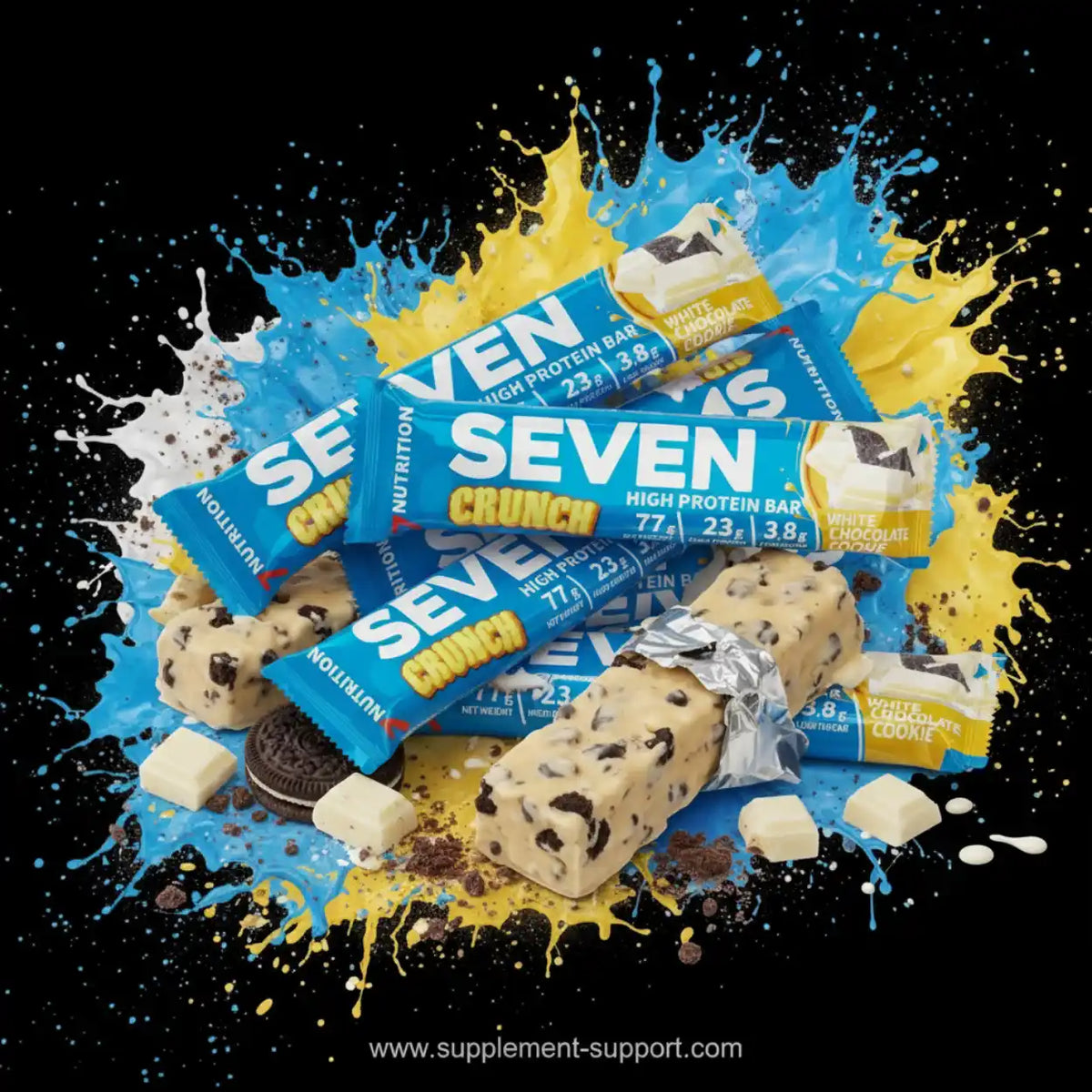 Seven Crunch High Protein Bar White Chocolate Cookie mit Blaubeer- und Gelbspritzern