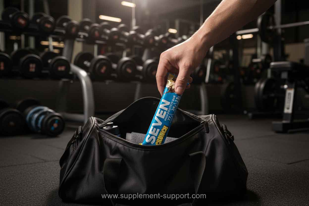Proteinriegel in Sporttasche im Fitnessstudio