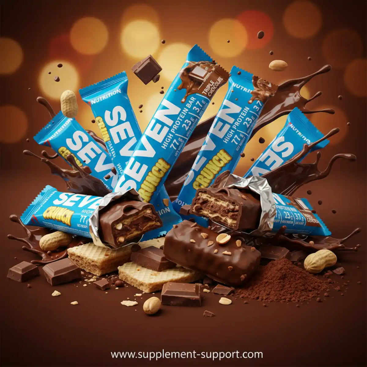 Seven Crunch High Protein Riegel in Triple Chocolate mit Erdnüssen und Schokoladen-Splash.