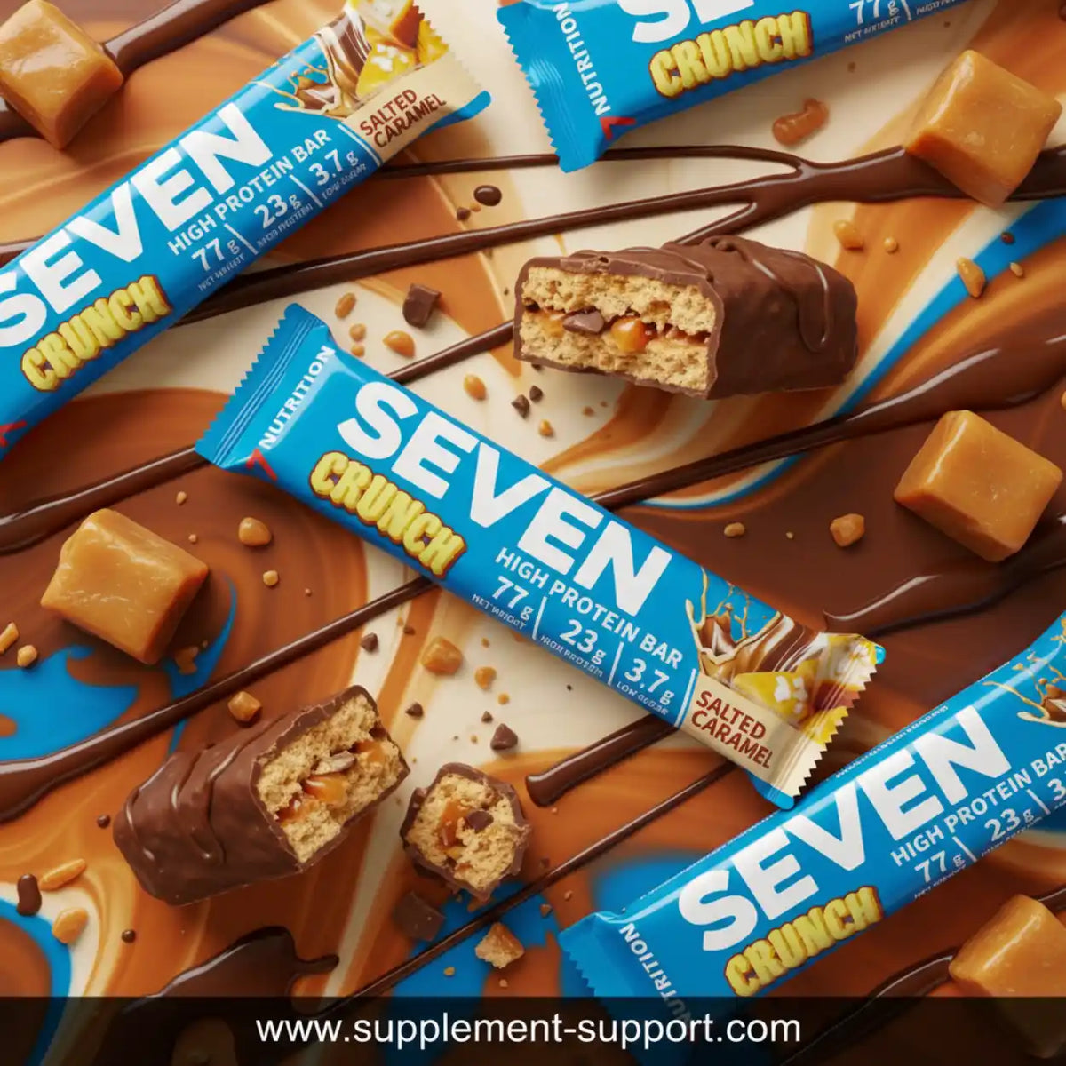 Seven Crunch High Protein Bar mit gesalzener Karamellfüllung und Schokoladenüberzug