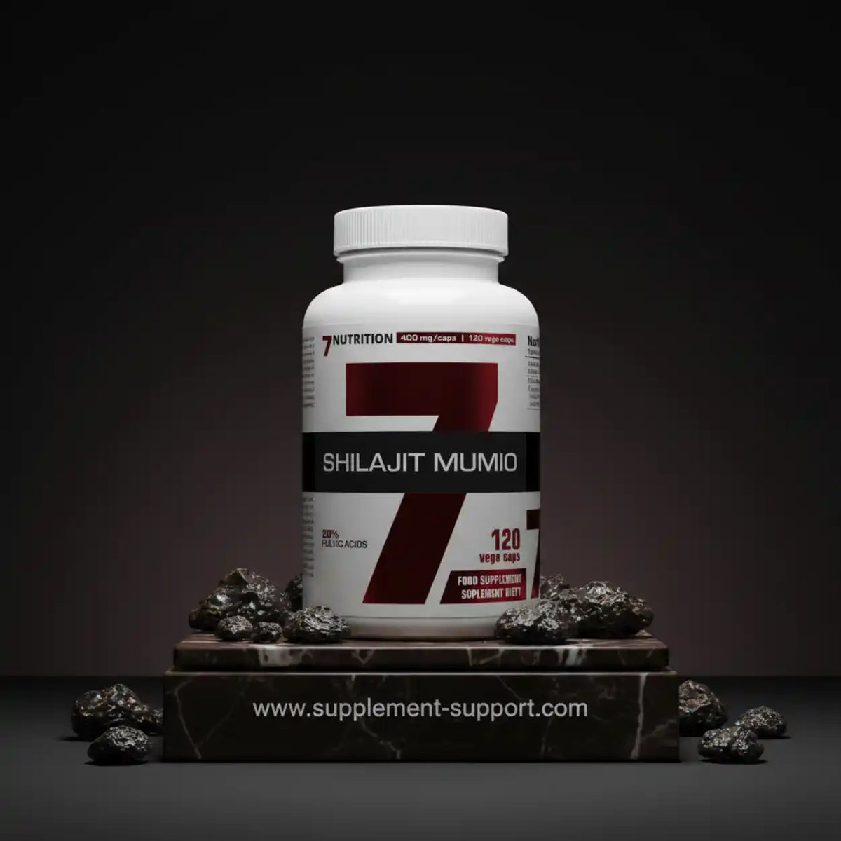 7Nutrition Shilajit Mumio Nahrungsergänzungsmittel mit 120 Veggie-Kapseln auf dunklem Hintergrund