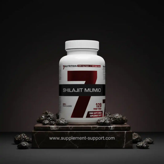 7Nutrition Shilajit Mumio Nahrungsergänzungsmittel mit 120 Veggie-Kapseln auf dunklem Hintergrund