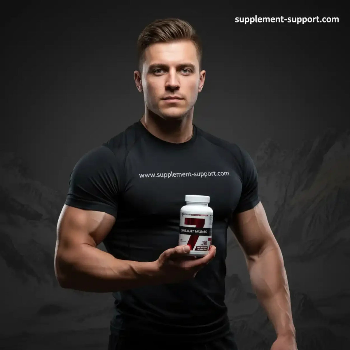 Muskulöser Mann hält ein Supplement-Fläschchen Shilajit Mumio vor Bergkulisse.