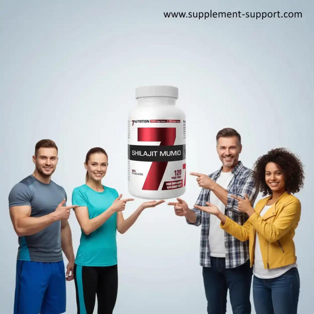 Vier Menschen zeigen auf eine Dose Shilajit Mumio Nahrungsergänzungsmittel.