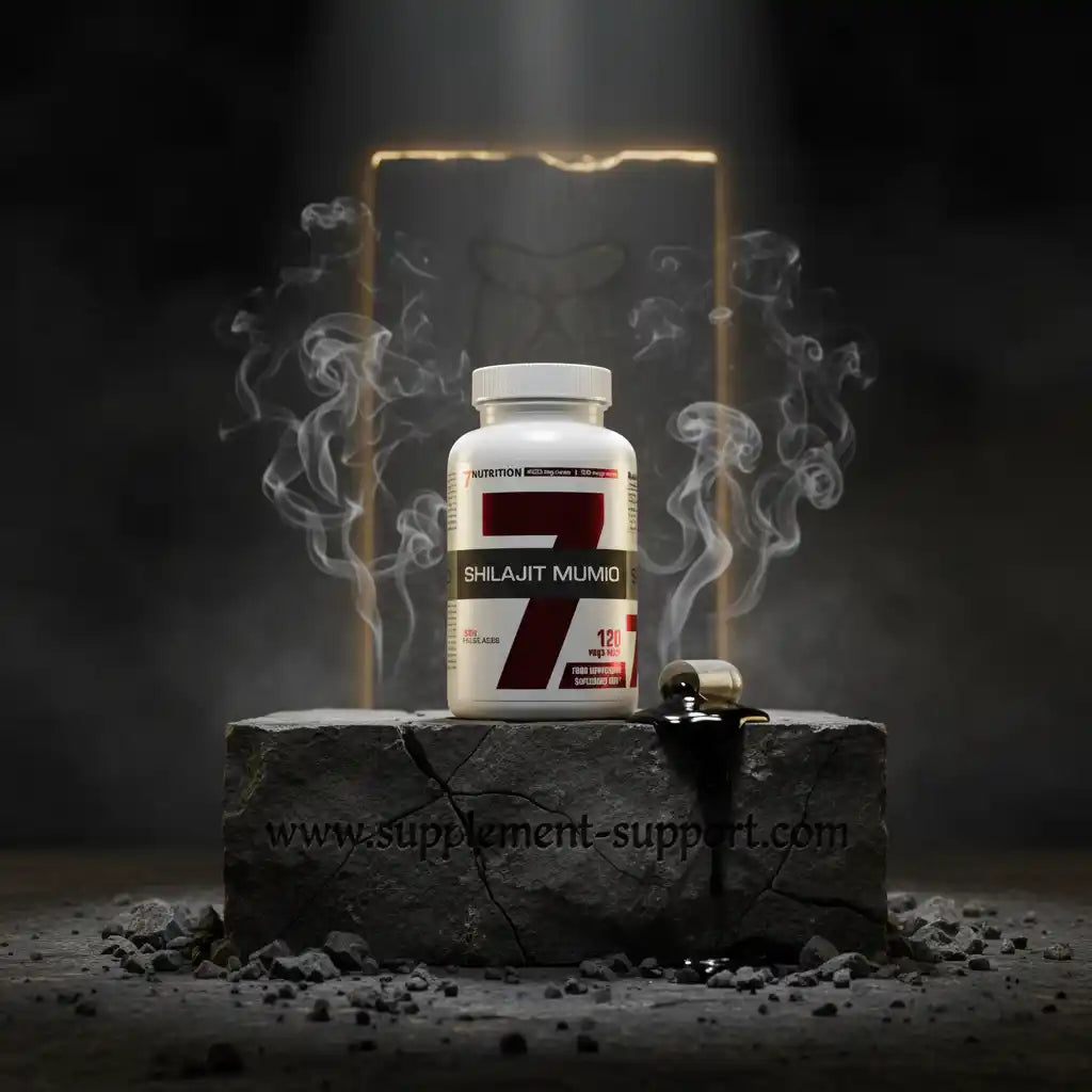 Shilajit Mumio Nahrungsergänzungsmittel in weißer Flasche auf Steinblock mit Raucheffekt, ideal für Sportler und Fitness