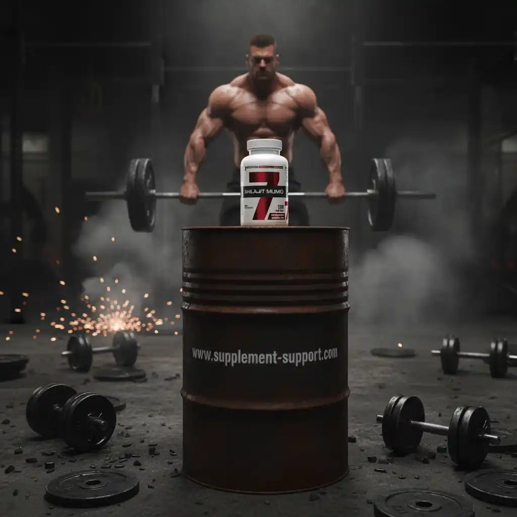 Muskulöser Athlet mit Hantel und Nahrungsergänzungsmittel-Flasche im Fitnessstudio, ideal für Sportler und Fitness-Enthusiasten