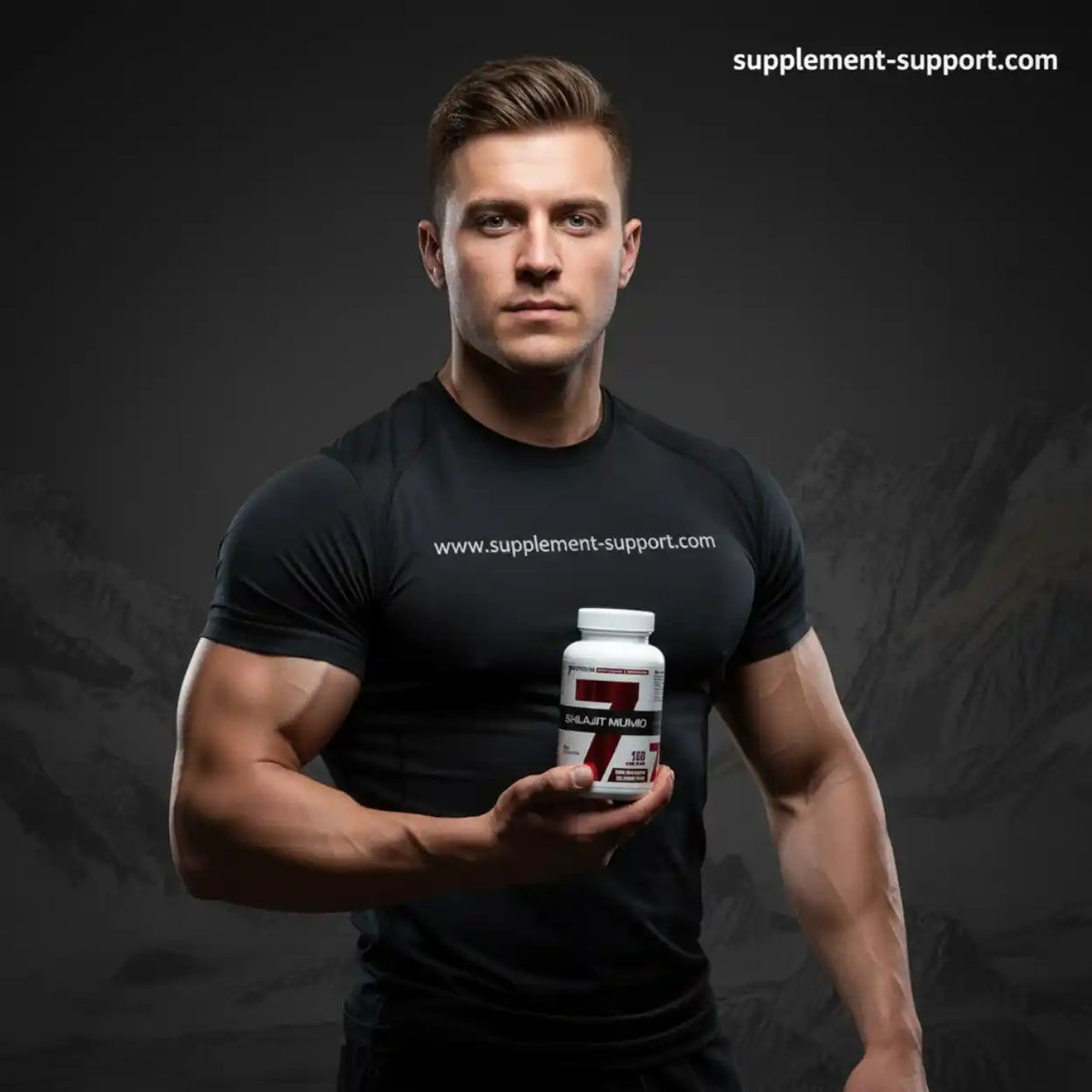 Muskulöser Mann hält ein Supplement-Fläschchen Shilajit Mumio vor Bergkulisse.
